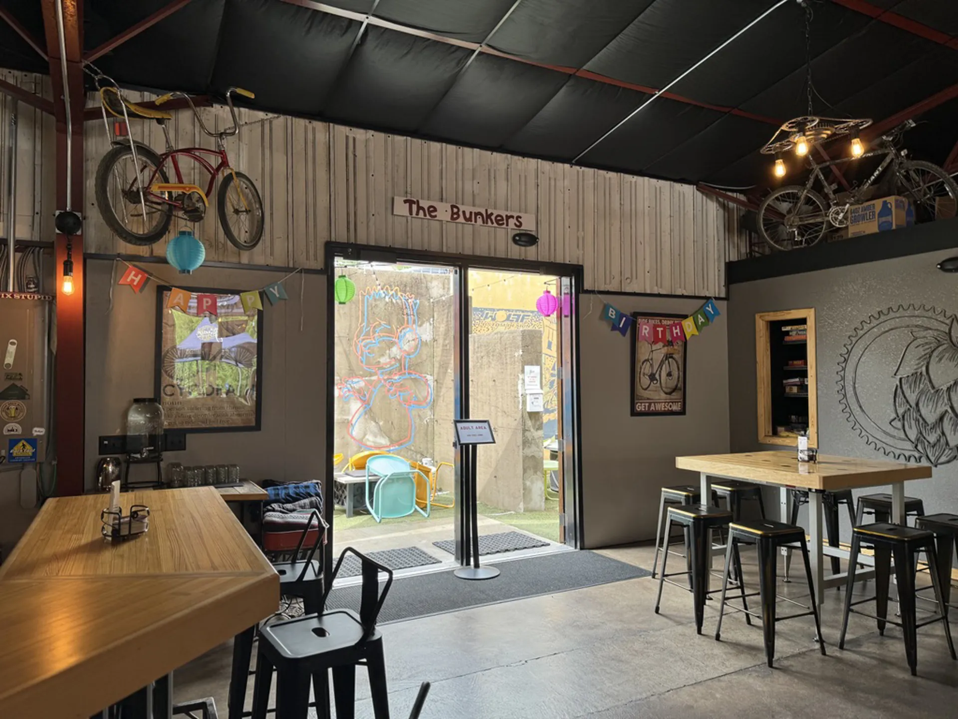 The Bunkers interior with bikes on walls and bar seating